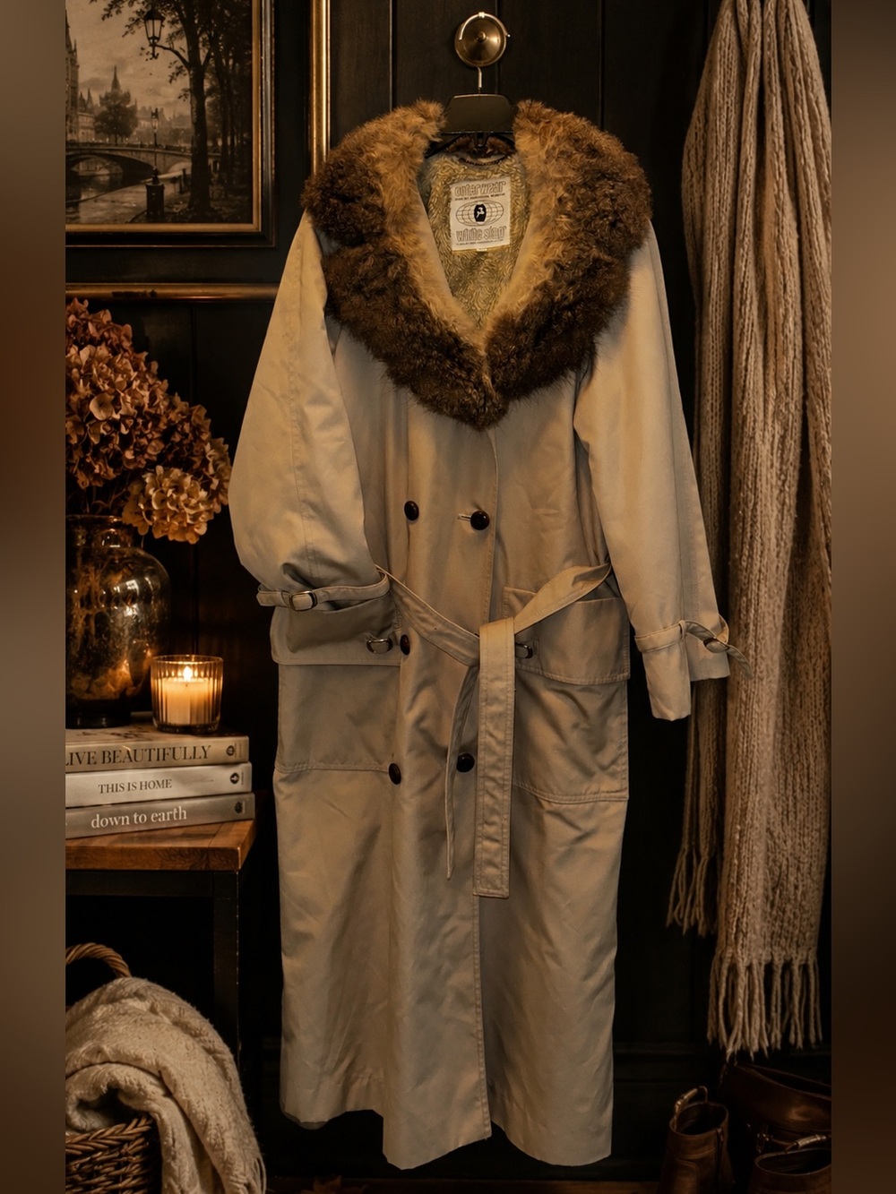 Vintage White Stag Cream Long Trench Coat with Newzealand Opossum Fur Collar